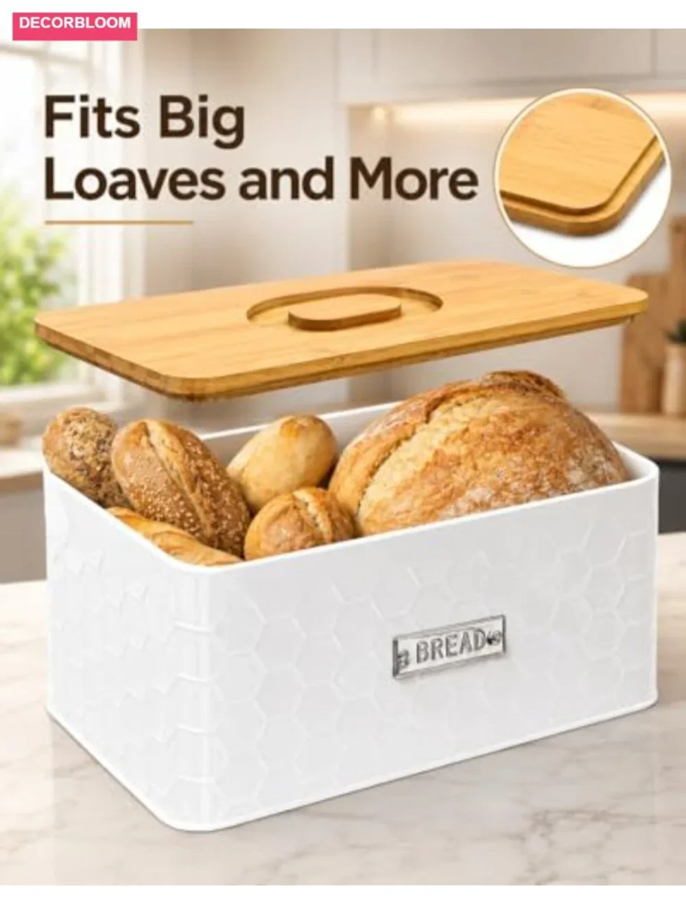 White Metal Bread Box with Bamboo Cutting Board Lid